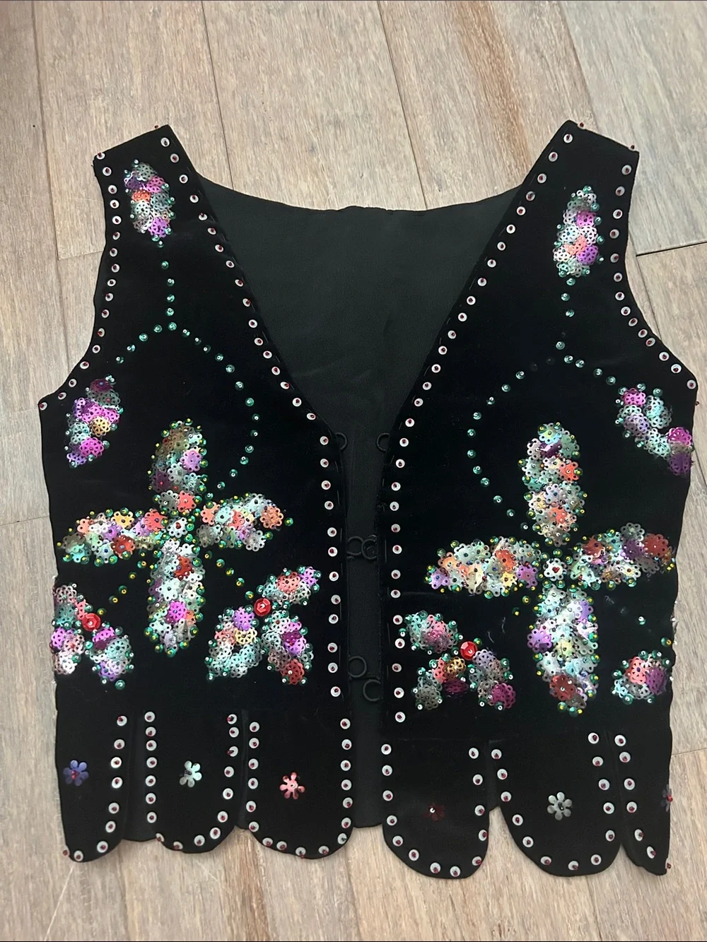 60s 70s hippie boho style Black Sequined Floral velvet  Vest